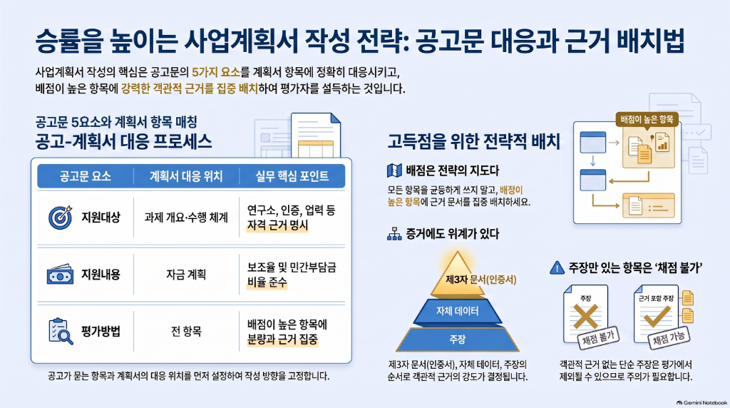 승률을 높이는 사업계획서 작성 전략 — 공고문 대응과 근거 배치법. 공고 5요소와 계획서 항목의 대응 프로세스, 배점 상위 항목 집중 전략, 증거의 위계